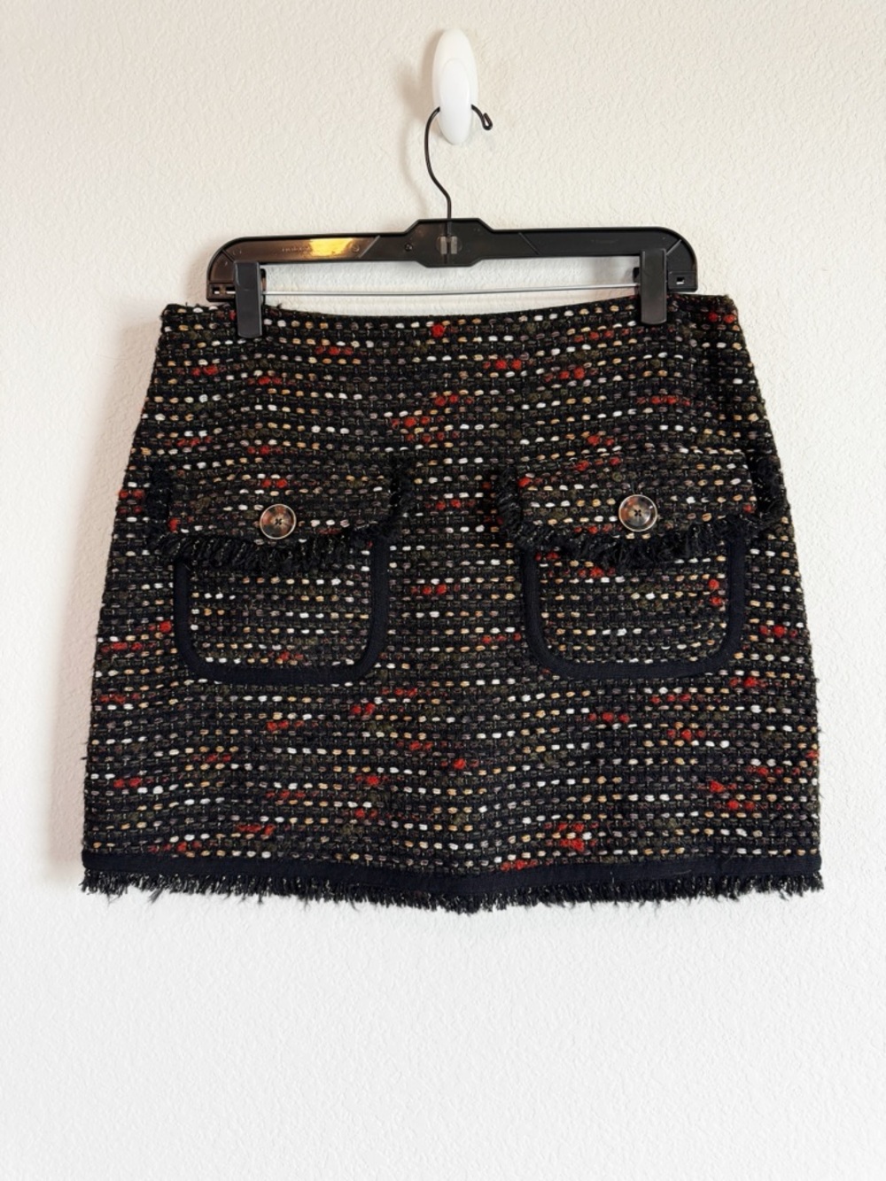 Veronica Beard Margot Black Metallic Tweed Fringe Mini Skirt Size 12